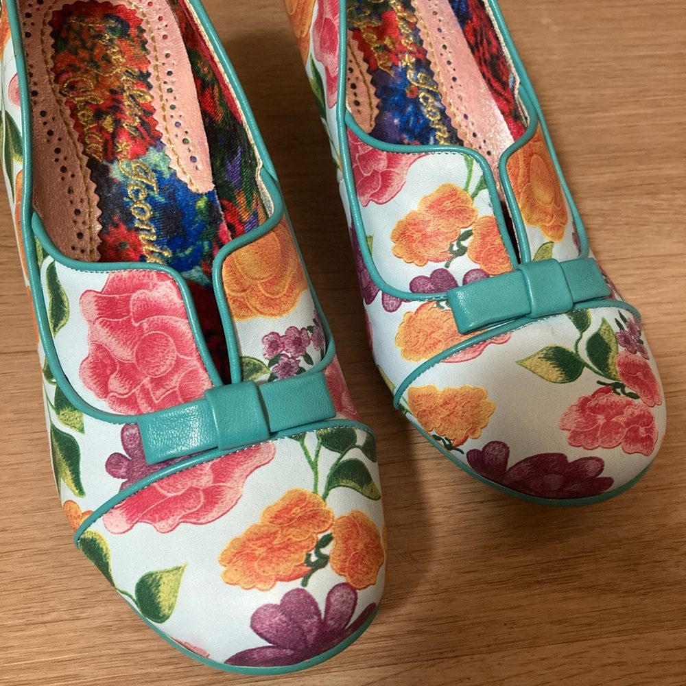 Irregular Choice Floral Heels with Teal Bow